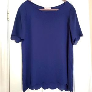 Scalloped edge navy blue blouse